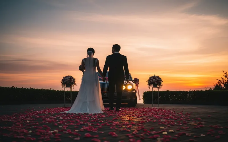 Pengantin menuju mobil mewah pernikahan Bali