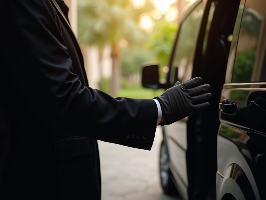 Sopir berseragam membukakan pintu belakang Toyota Alphard untuk tamu