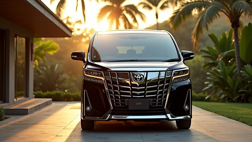 Toyota Alphard hitam mewah terparkir di driveway hotel Bali saat golden hour